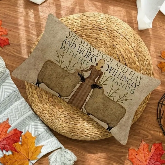 Primitive Folk Art Woman with Sheep "She Seeks Wool & Flax" Pillow Case 20x12 - Picture 2 of 8